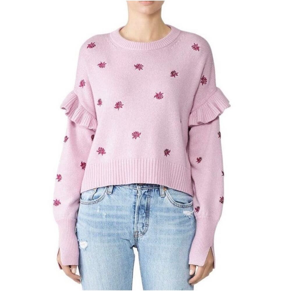 Cinq A Sept Lorelei Floral Embroidered Ruffle Trim Sweater Size XS Pink